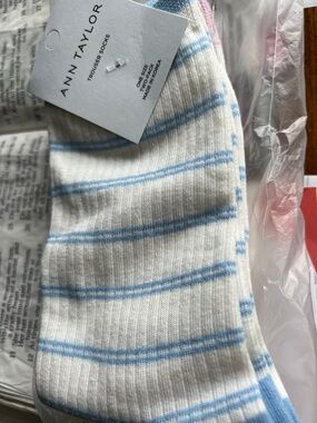 Ann Taylor White Socks with Light Blue Stripes